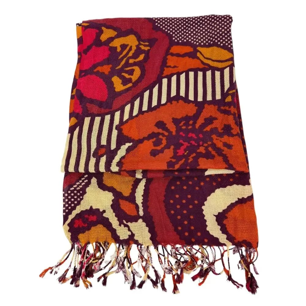Jones New York Colorful Orange Purple Floral Print Fringe Scarf Wrap 76